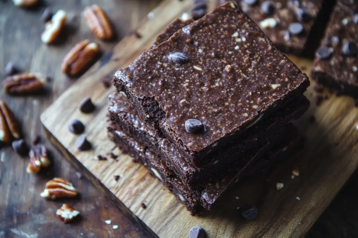 Stack of delicious protein brownies on a wooden board