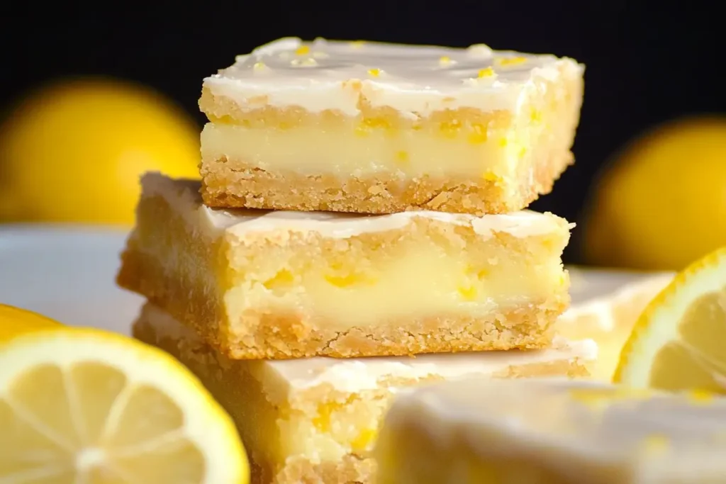 Freshly baked lemon brownies with lemon slices and powdered sugar