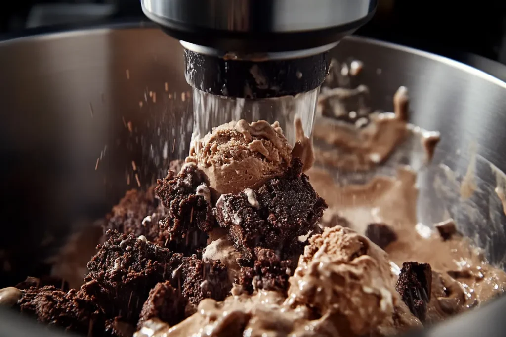 Brownie ice cream being churned in an ice cream maker