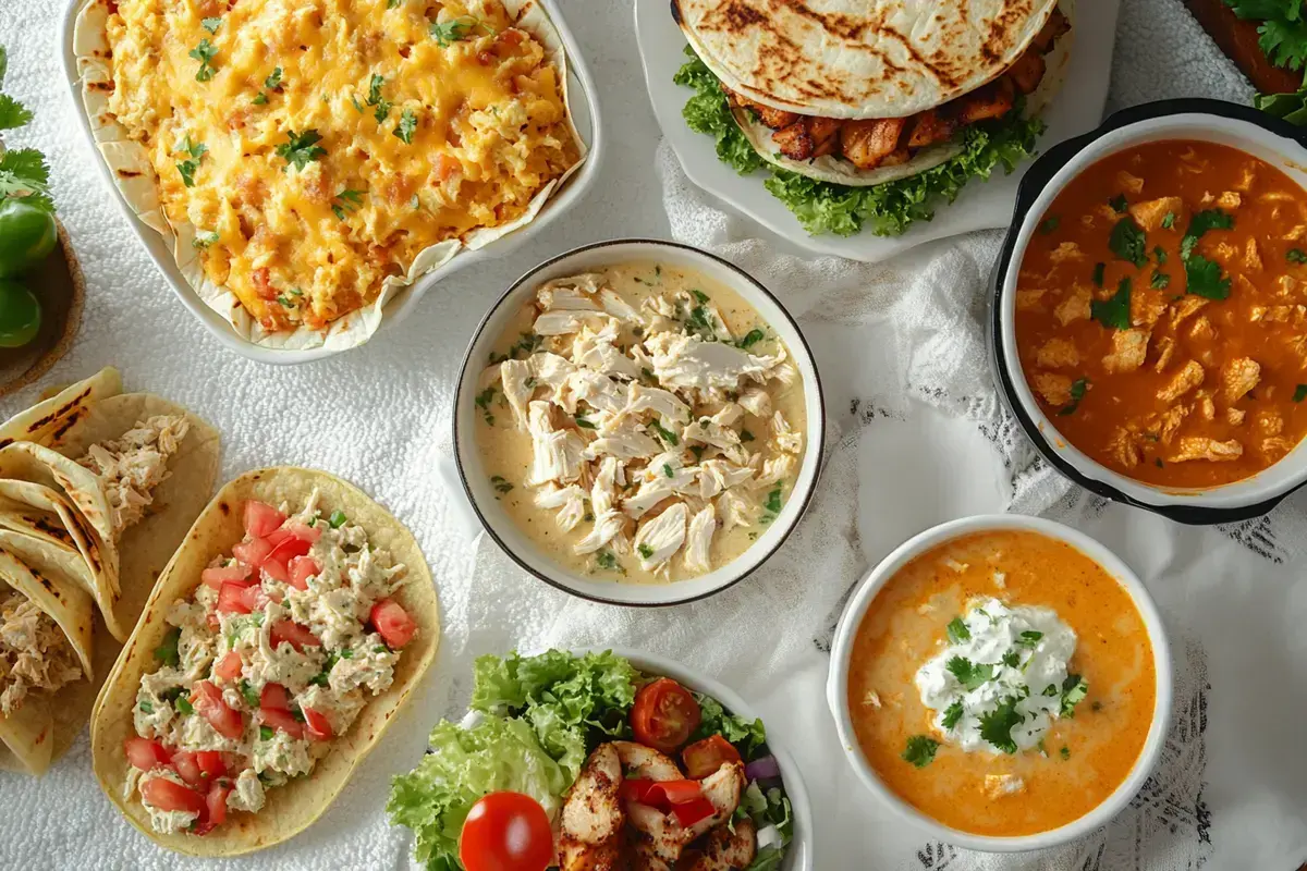 A delicious spread of diverse dishes made with leftover rotisserie chicken.