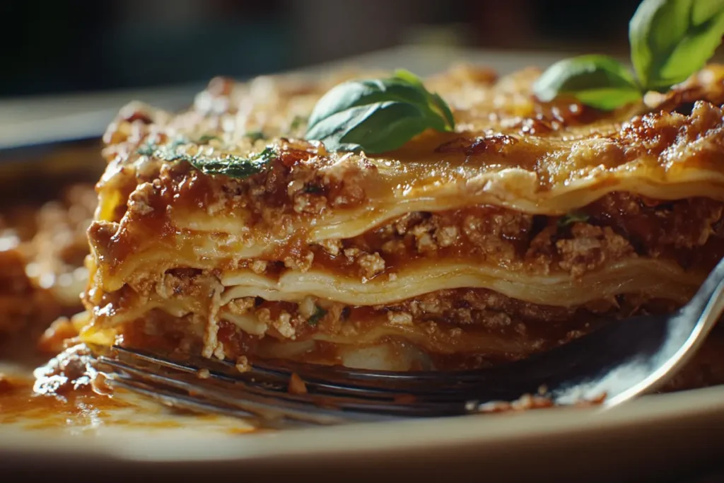 Freshly baked Barilla lasagna in a rustic dish