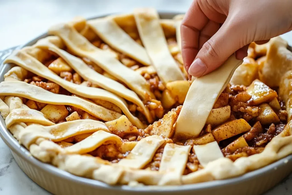 Assembling a homemade cinnamon roll apple pie