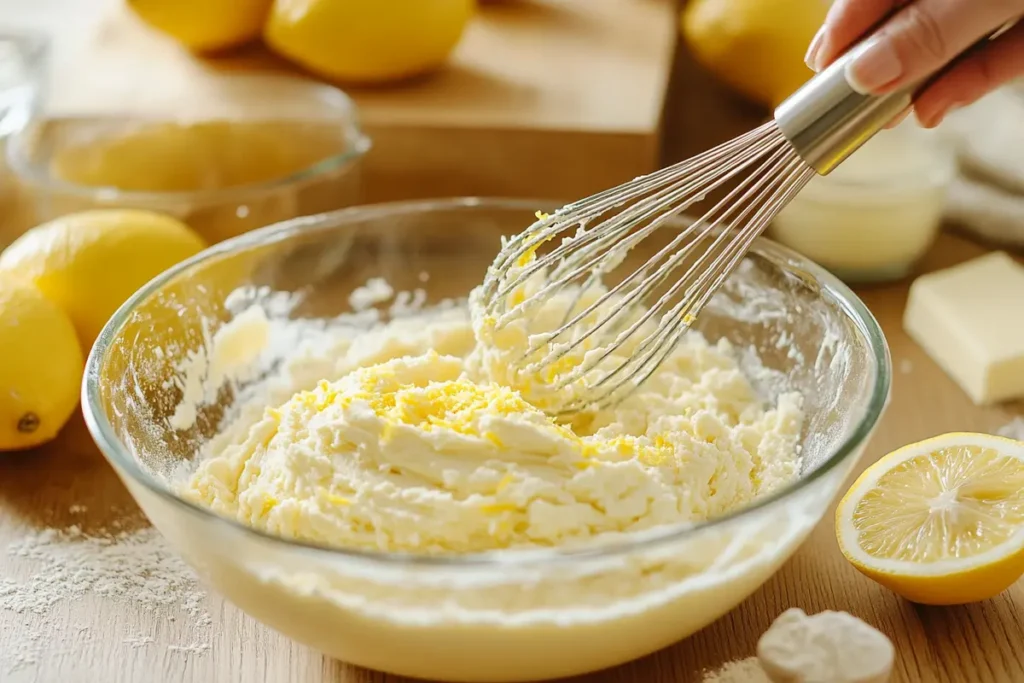 Mixing lemon zest and juice into brownie batter