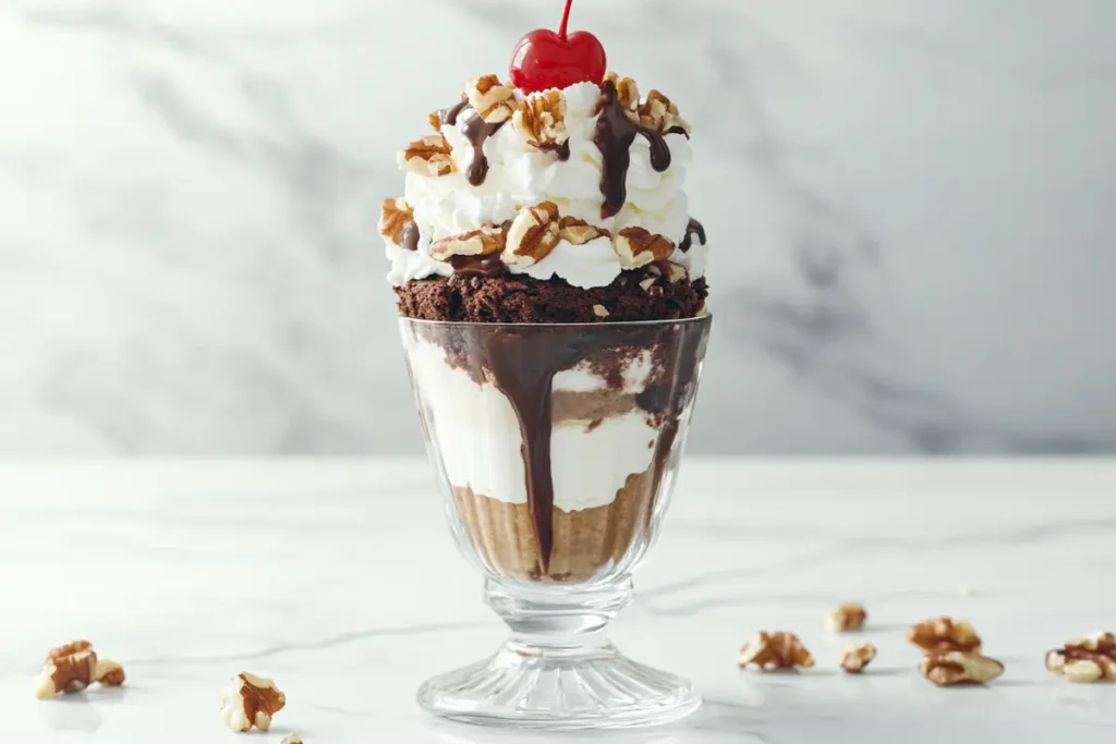 A decadent brownie ice cream sundae