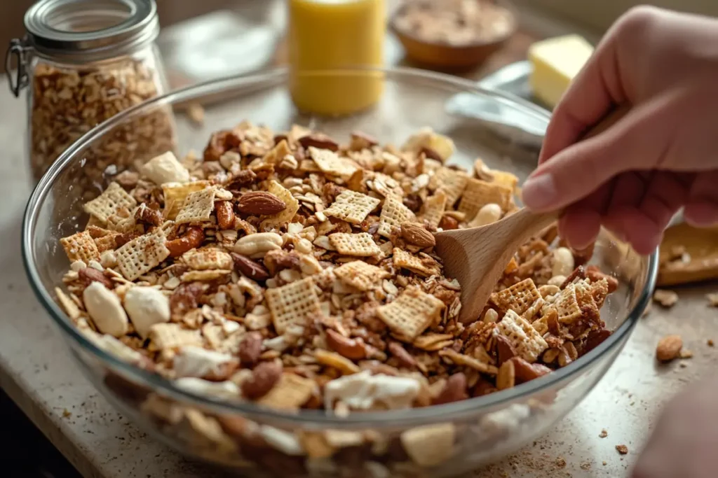 Mixing ingredients for Chex mix in a bowl