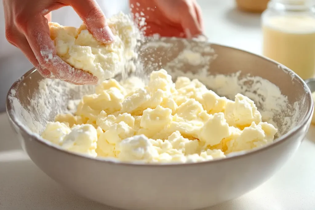 Mixing gluten-free sugar cookie dough in a bowl.