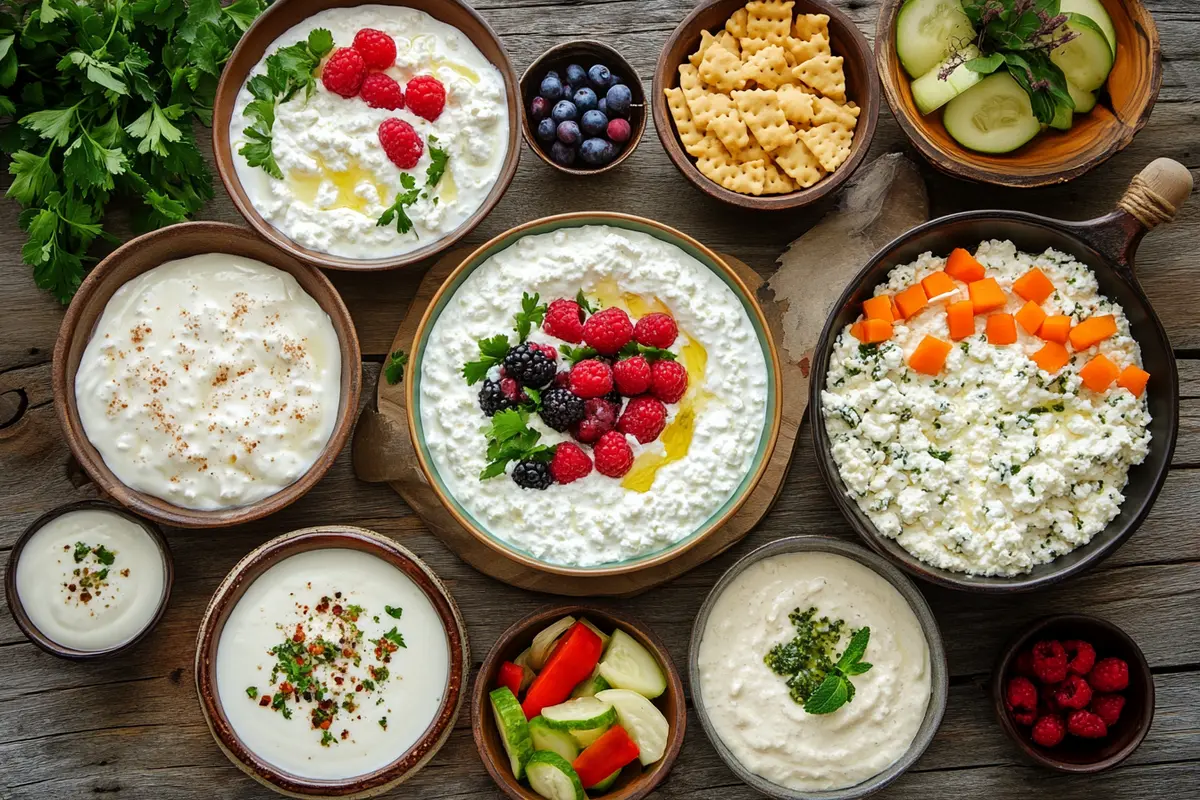 Diverse spread of cottage cheese recipes including a breakfast bowl, savory dip, and dessert