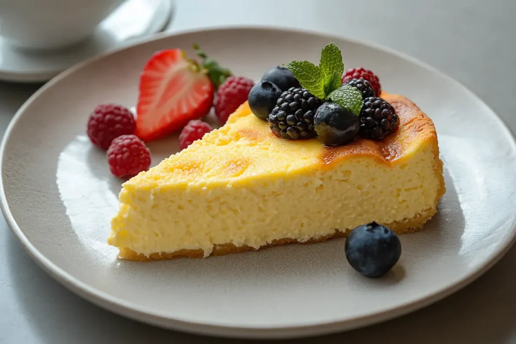 Slice of cottage cheese cheesecake with berry topping