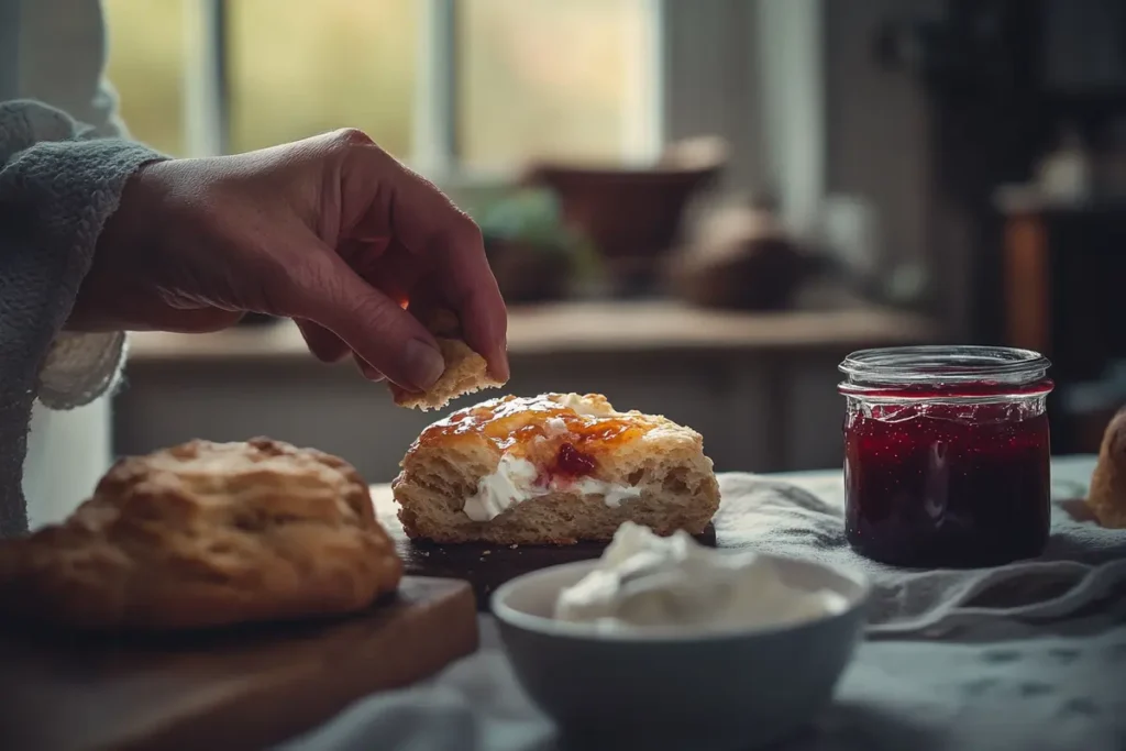 A hand breaks open a scone served with jam and clotted cream.