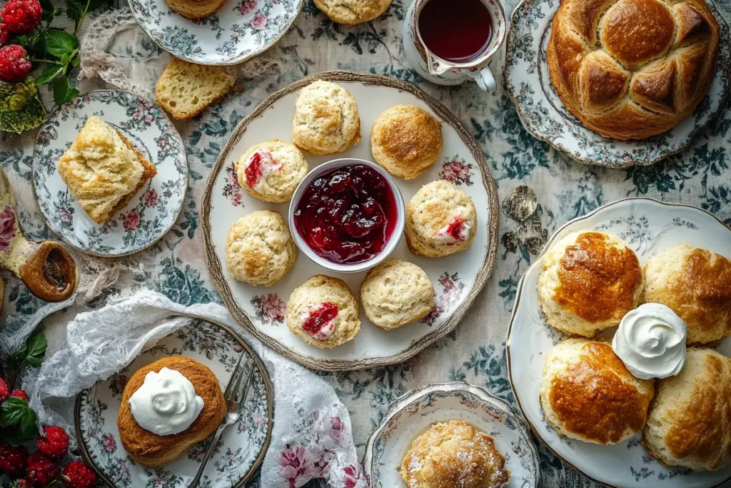 Selection of English breakfast pastries including scones, teacakes, crumpets and a Chelsea bun.