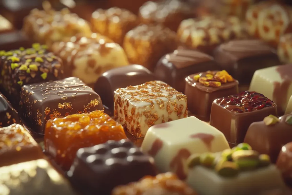 A selection of delicious Dubai chocolates with visible ingredients like dates, pistachios, and saffron