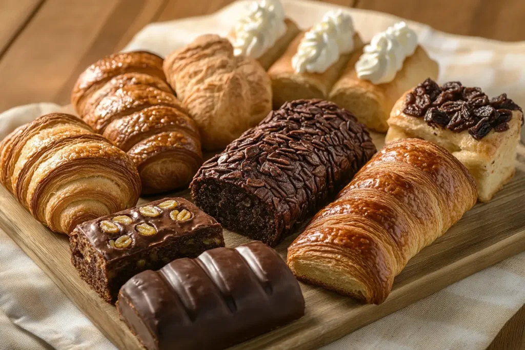 Selection of fresh French breakfast pastries including croissants, pain au chocolat, pain aux raisins, and brioche.