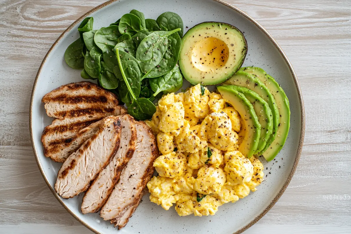 Healthy breakfast plate with eggs, turkey, spinach, avocado, and whole wheat toast