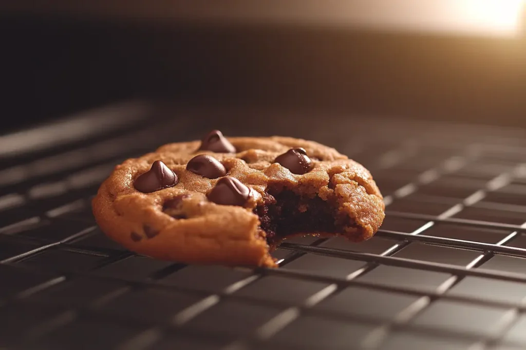 Close-up of gooey chocolate chip cookies.
