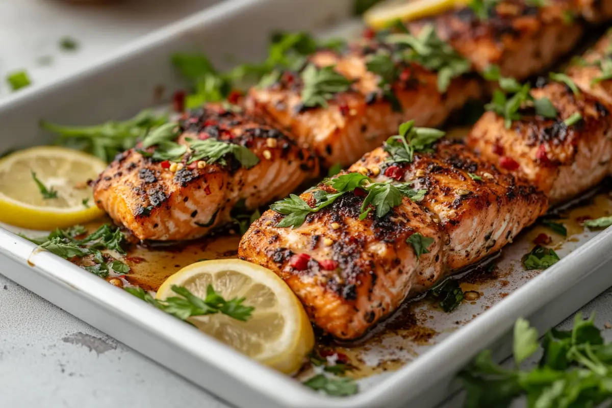 Delicious pan-seared salmon fillet with crispy skin and herbs