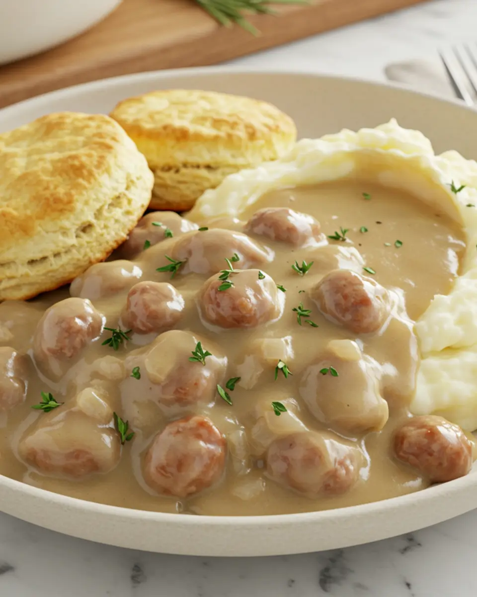 Creamy sausage turkey fat gravy over mashed potatoes