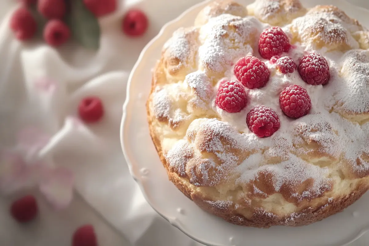 A fluffy and light cloud cake with raspberries