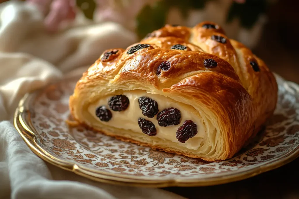 Pain aux raisins with a visible cross-section showing pastry cream and raisins
