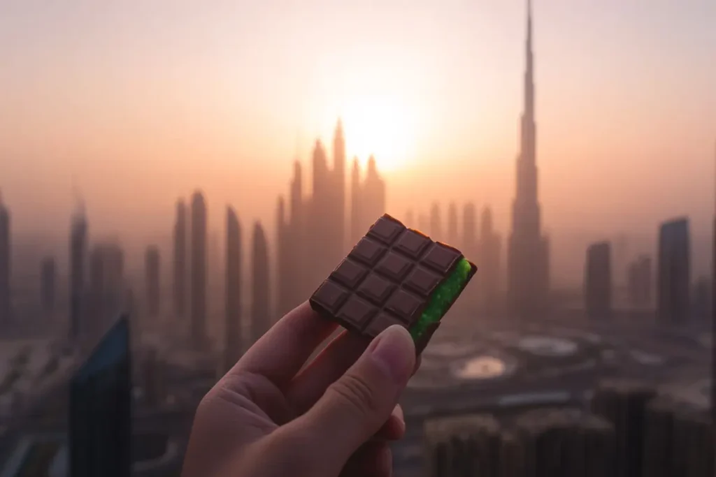 Hand holding Dubai chocolate with green filling with Dubai skyline in background.