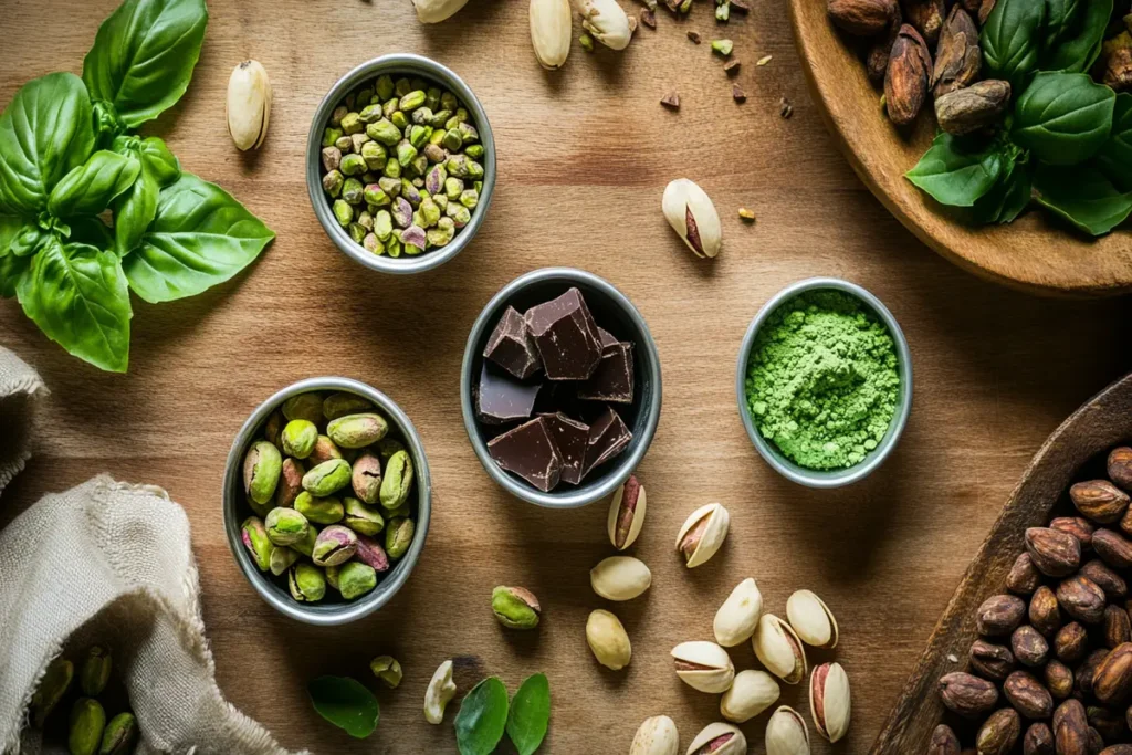  Ingredients used in Dubai pistachio chocolate including pistachios and colorings.