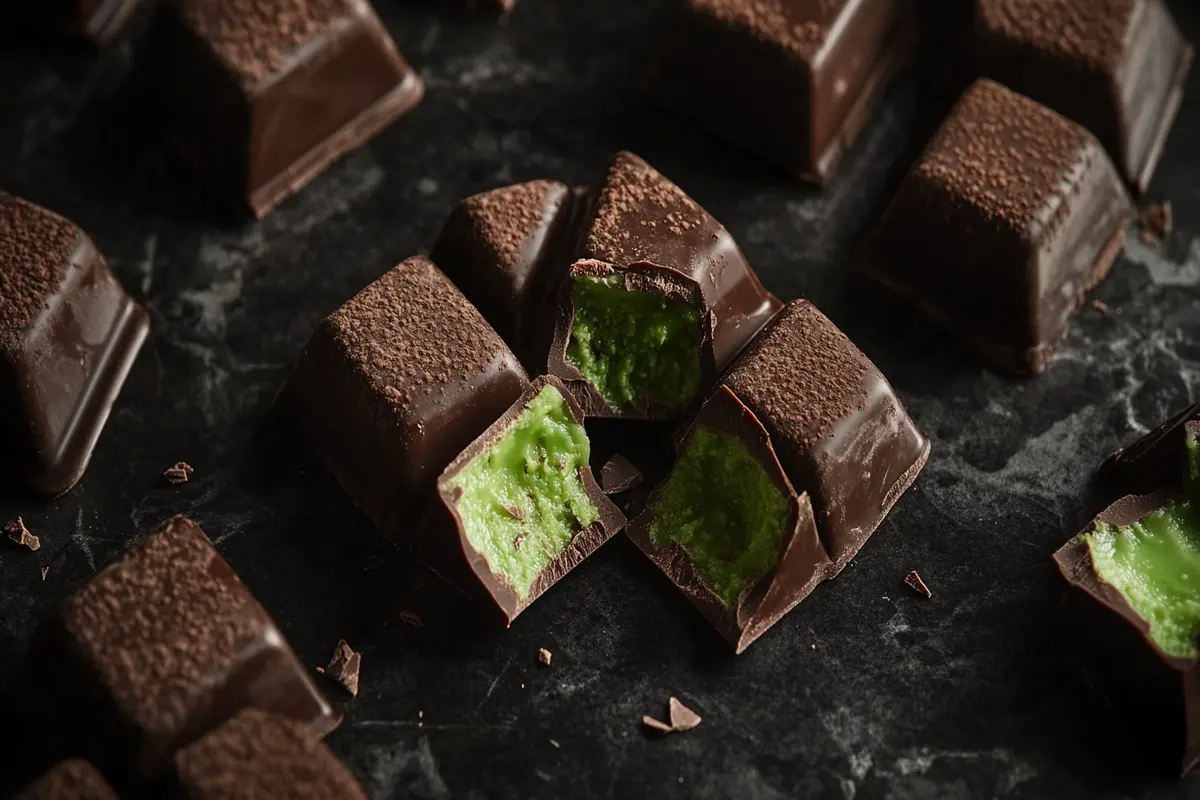 Close-up of Dubai chocolates with vibrant green filling