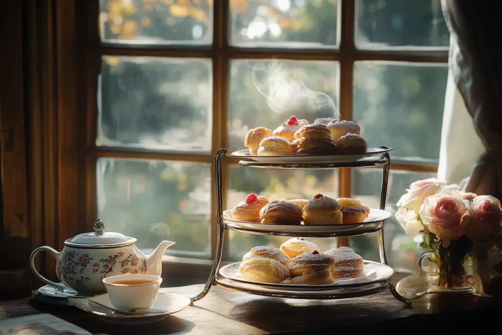 Traditional English tea room with breakfast pastries on a stand.