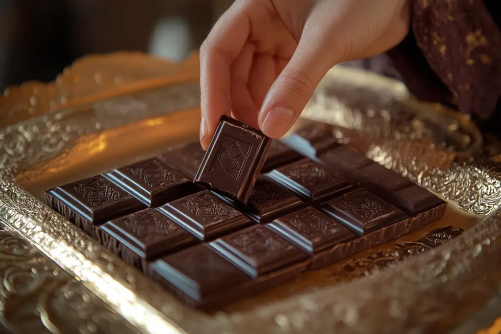  Person enjoying a piece of dark Dubai chocolate