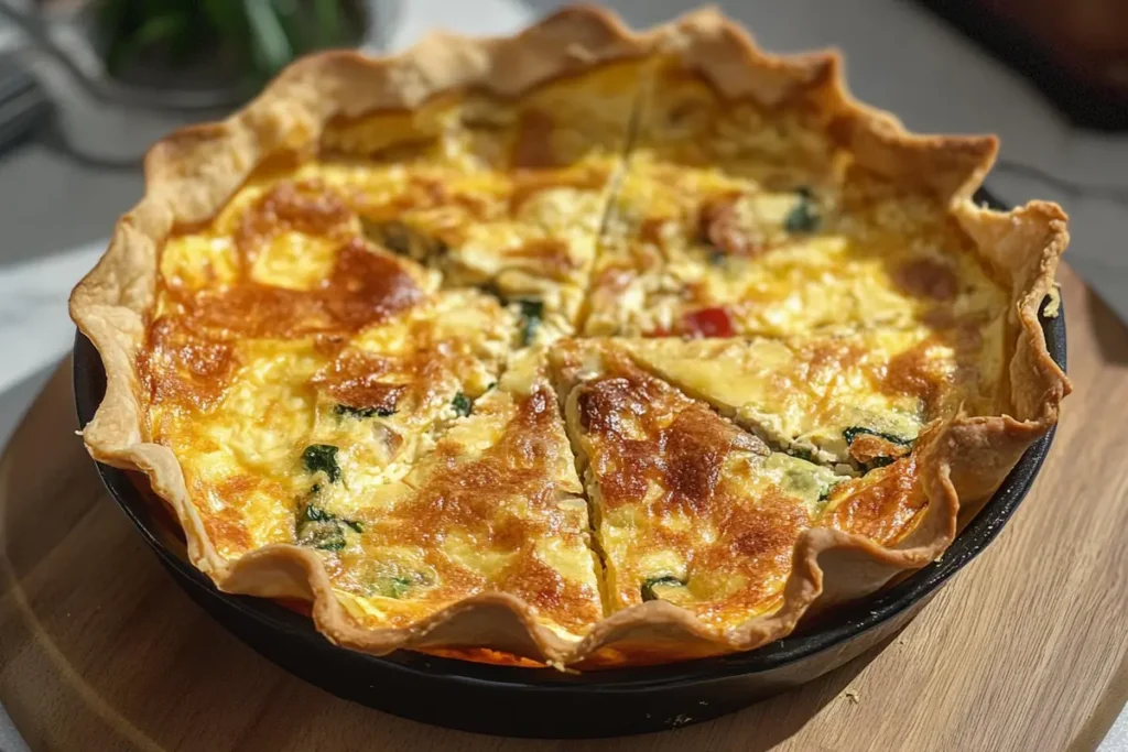 Delicious tortilla quiche bake with colorful vegetables and cheese.