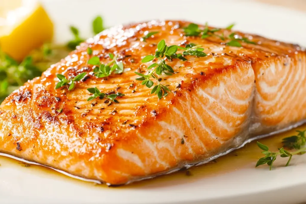 Perfectly seared salmon steak with crispy skin and fresh herbs