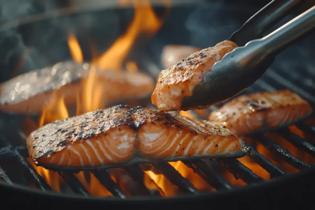  Salmon fillets grilling on a barbecue.