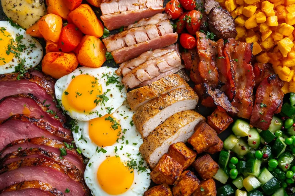 Vibrant breakfast plate featuring six healthy breakfast meats for weight loss.