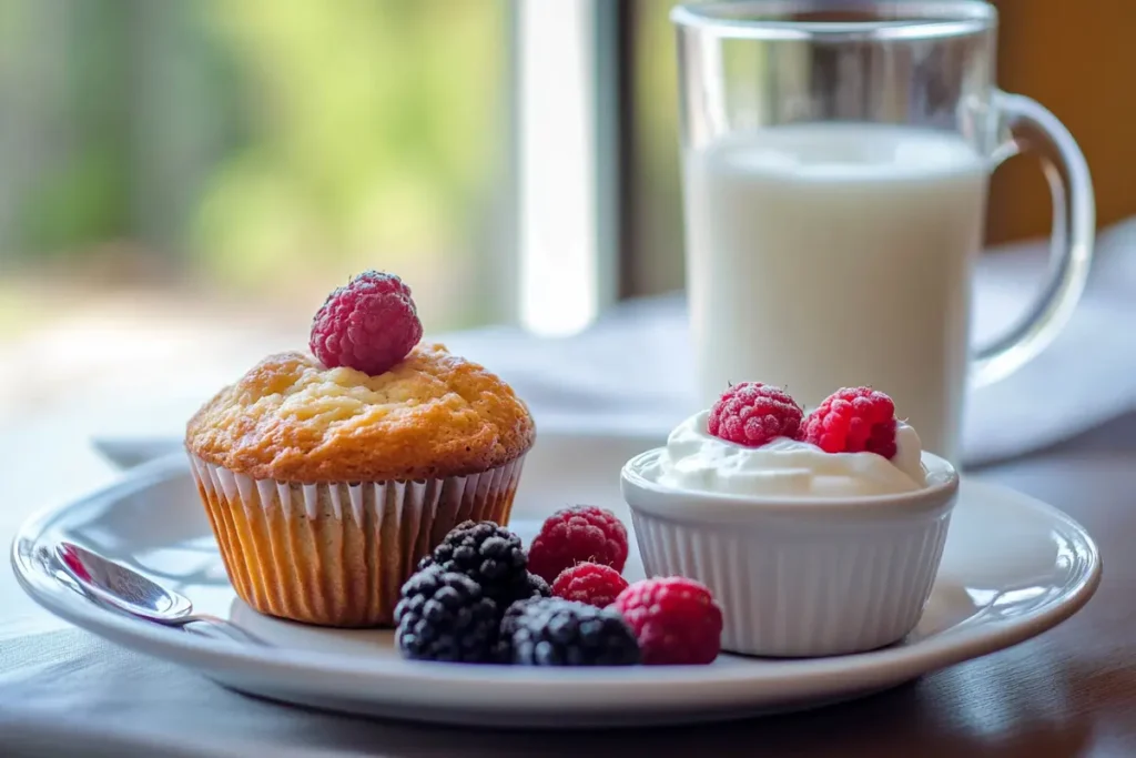  Healthy breakfast with homemade whole wheat muffins, yogurt and milk
