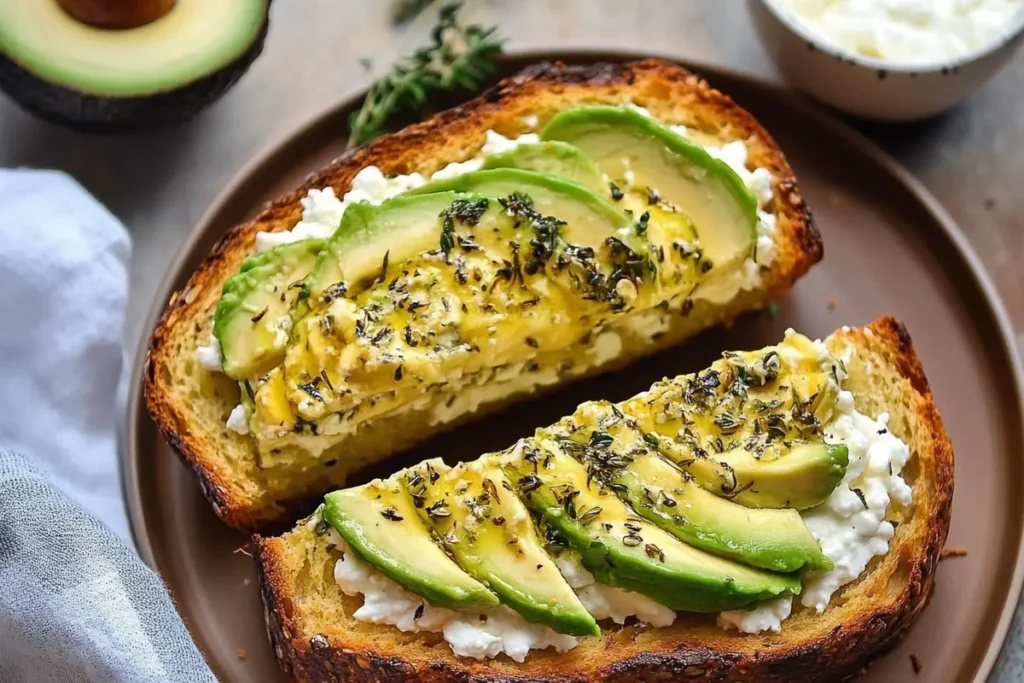 Freshly baked avocado cottage cheese bread with avocado and cottage cheese.