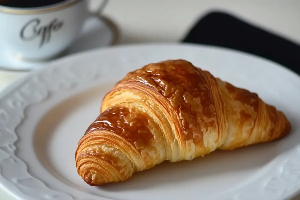 Close-up of a flaky croissant with coffee in the background.