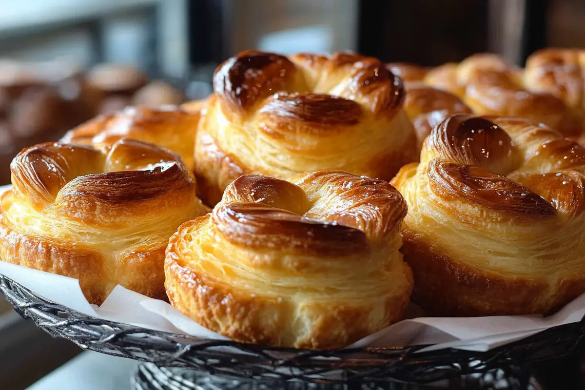 Close-up of a golden brown, flaky kouign amann pastry