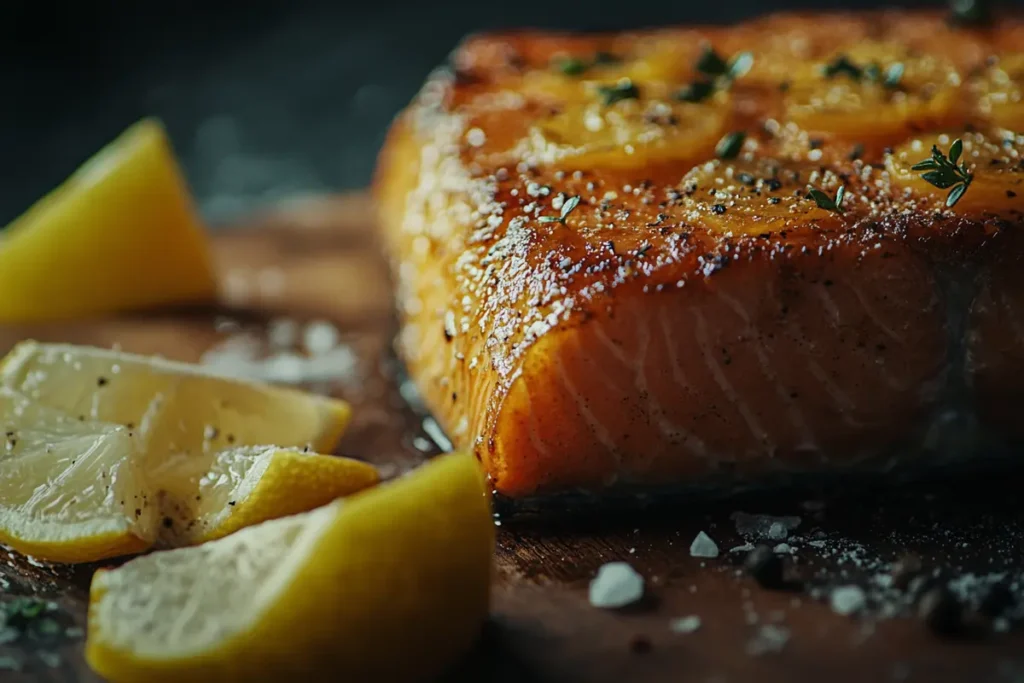 Close-up of a cooked salmon steak on a wooden board