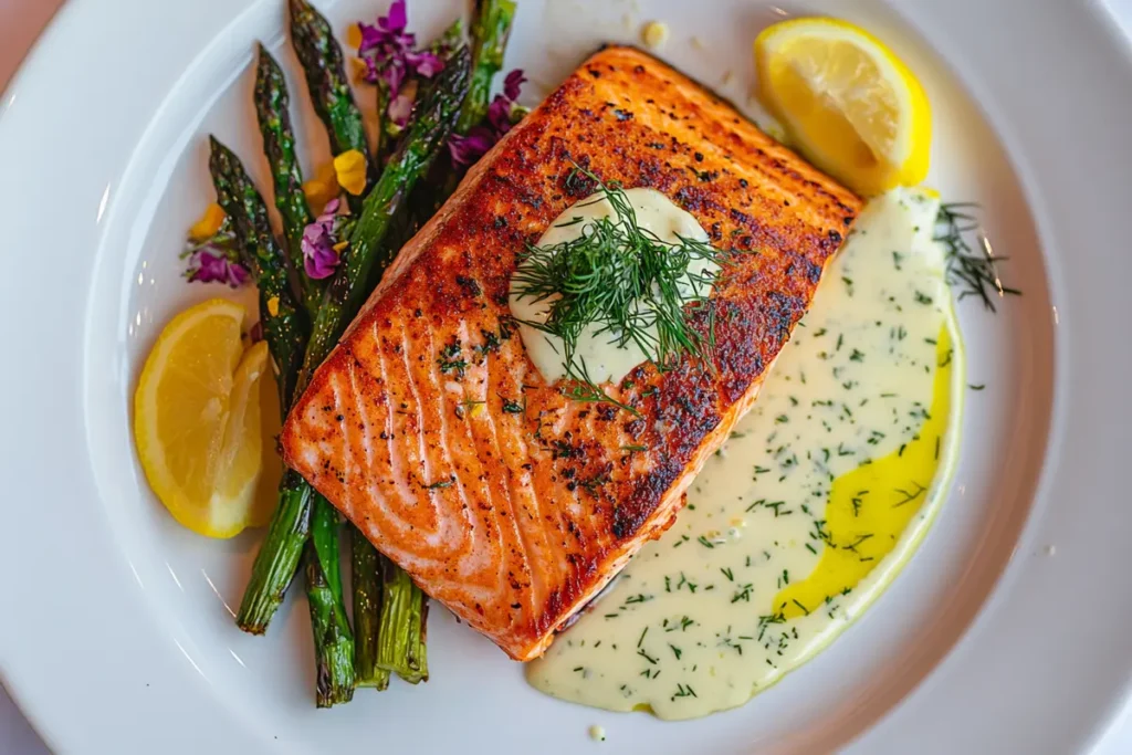 Delicious salmon steak with classic sides like asparagus and dill sauce