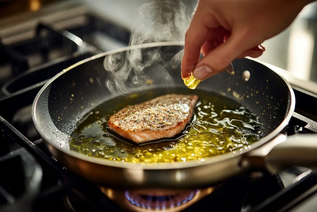  Seasoned salmon steak being placed in a hot pan