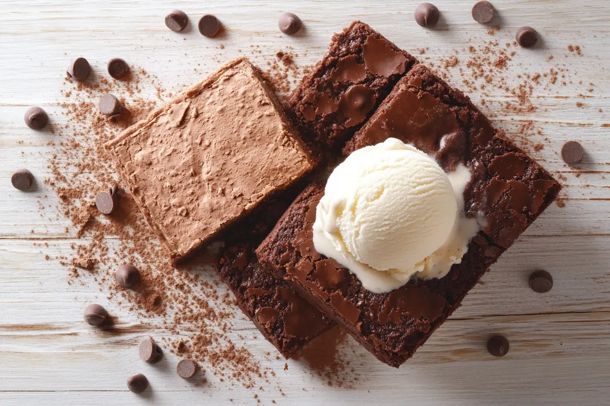 Delicious, soft protein brownies with melted ice cream and chocolate chips.