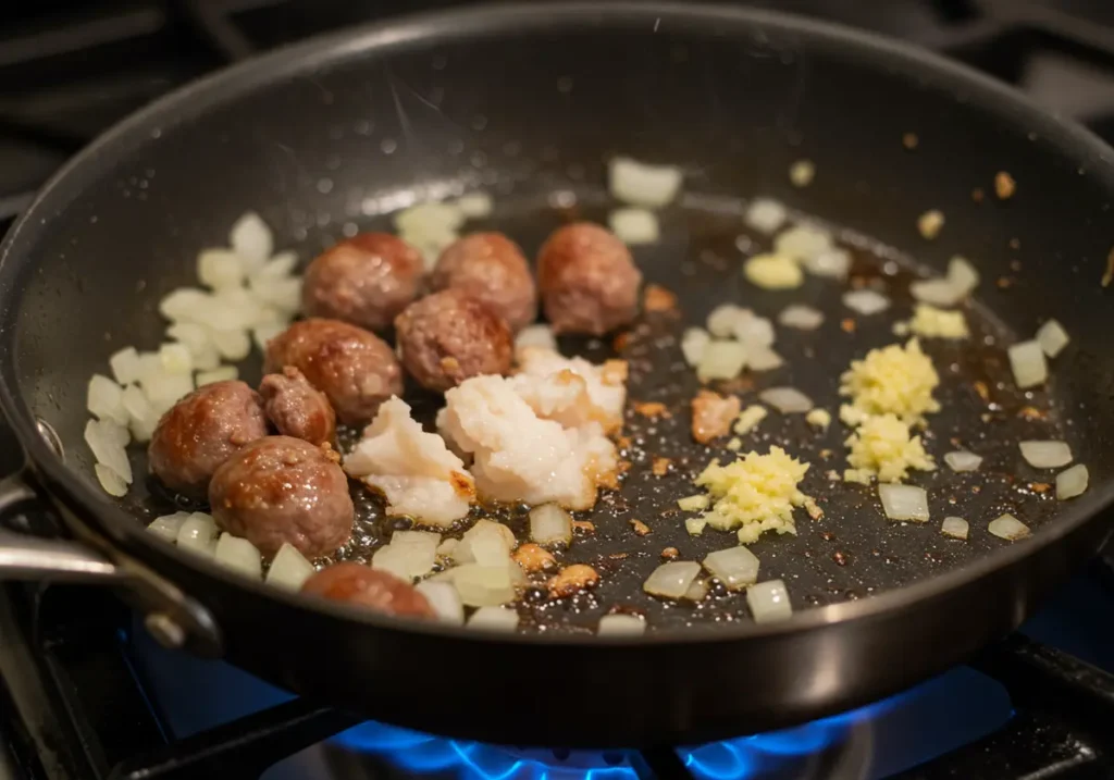  Sausage and turkey fat rendering in a pan with onions and garlic.