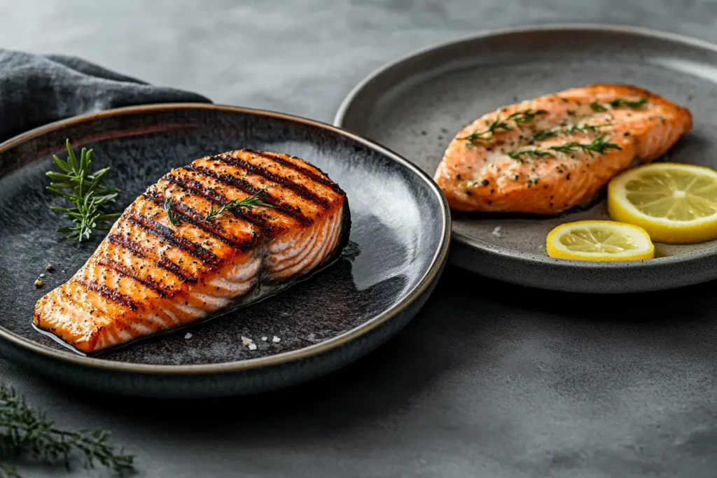 Salmon steak and salmon fillet side by side, garnished with dill and lemon.