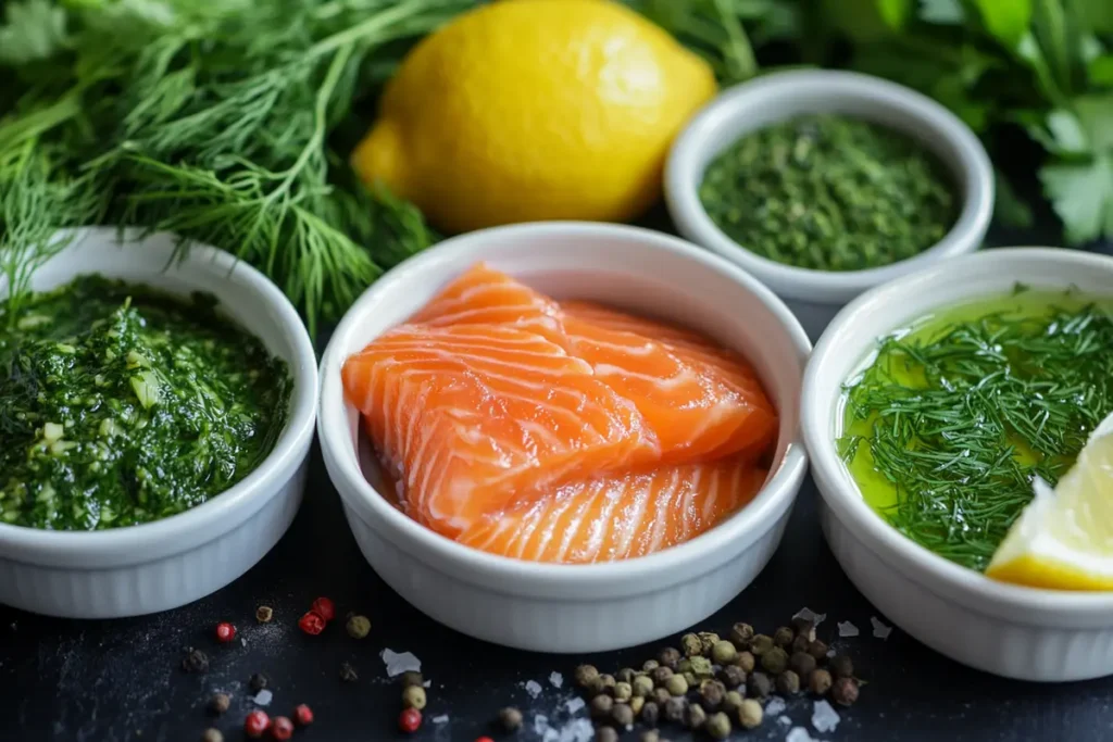 Assortment of delicious sauces for salmon: lemon butter, chimichurri, and dill.