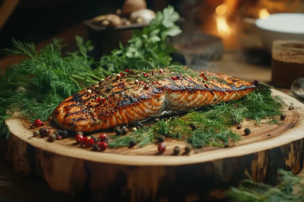  Fresh herbs and spices for seasoning salmon steak.