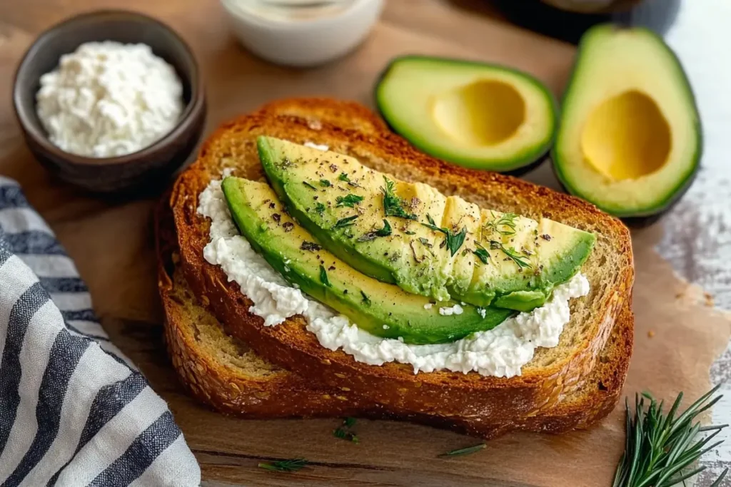  Sliced avocado cottage cheese bread with different toppings.
