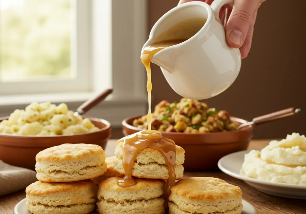 Sausage turkey fat gravy being poured onto biscuits with side dishes.