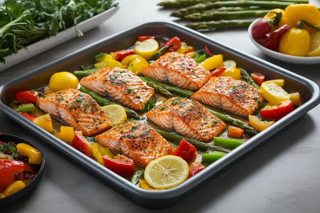 Sheet pan of oven-baked salmon and colorful vegetables.