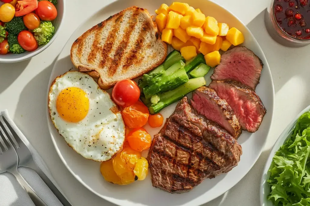 A vibrant breakfast with unprocessed meats, fresh vegetables and eggs