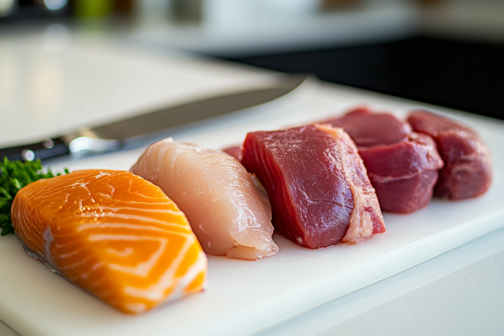 Various types of lean raw meats, such as chicken and salmon