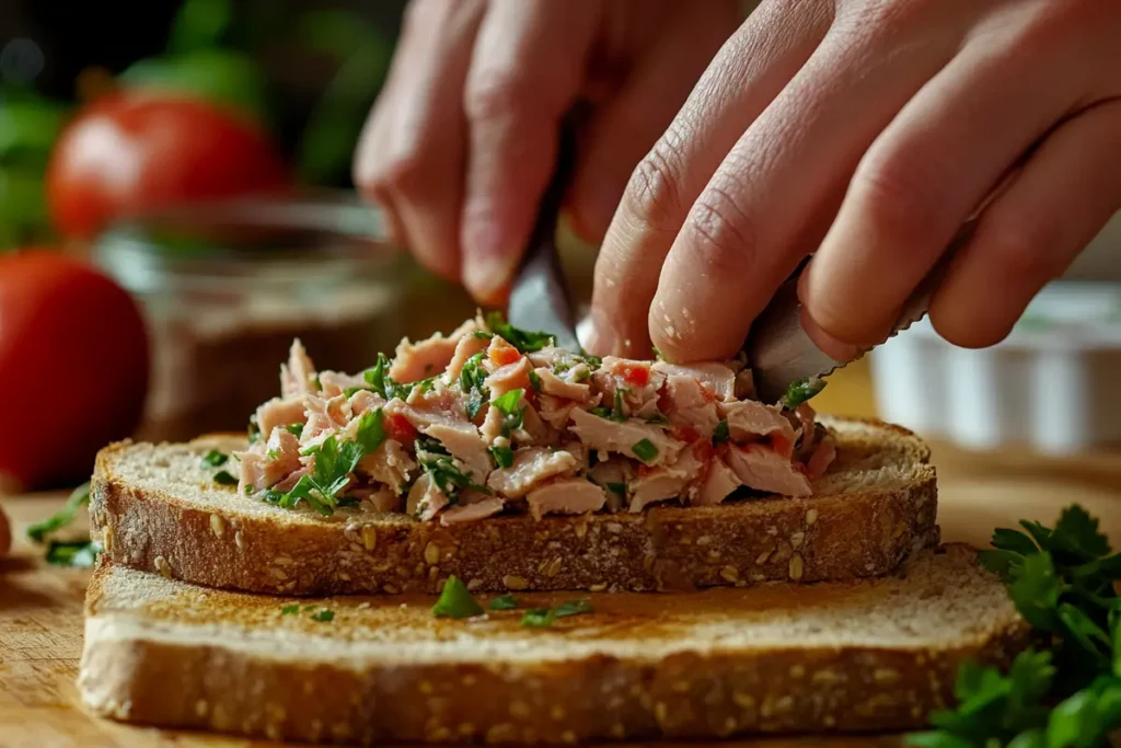  Hands assembling tuna on whole grain toast.