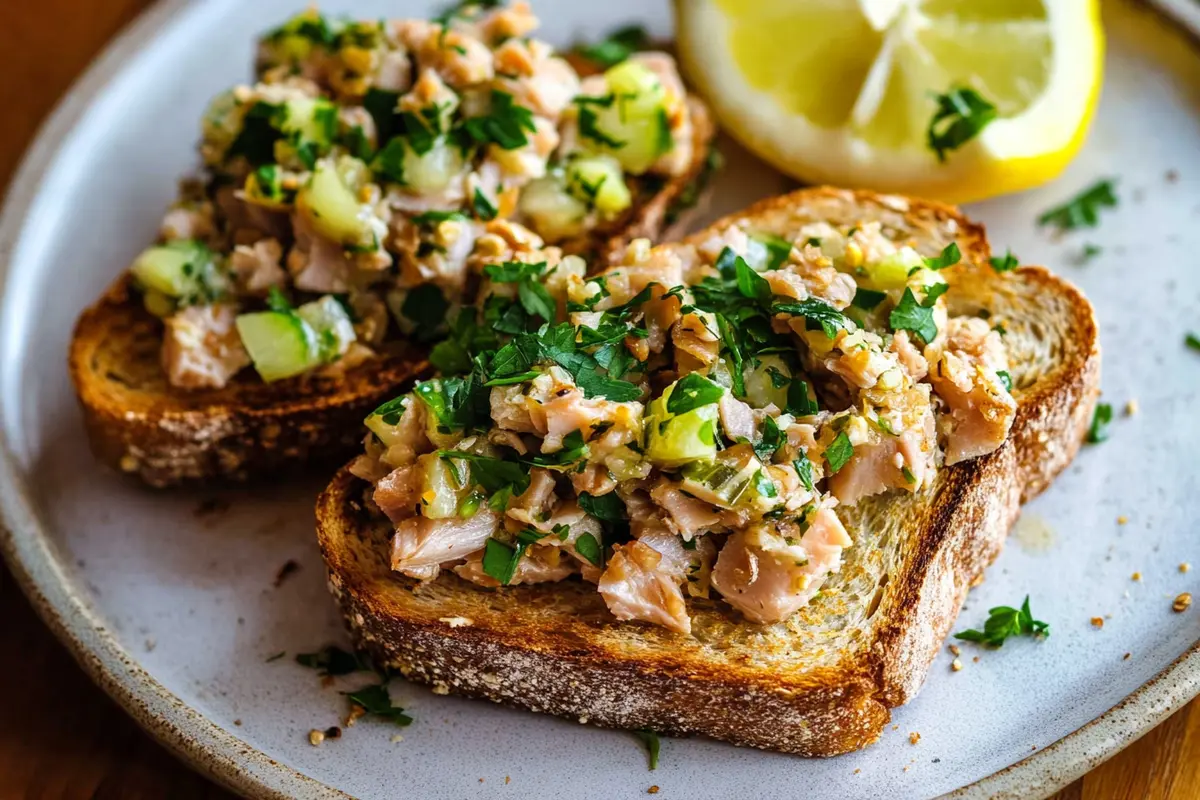 Close-up overhead shot of tuna on whole grain toast with various toppings.